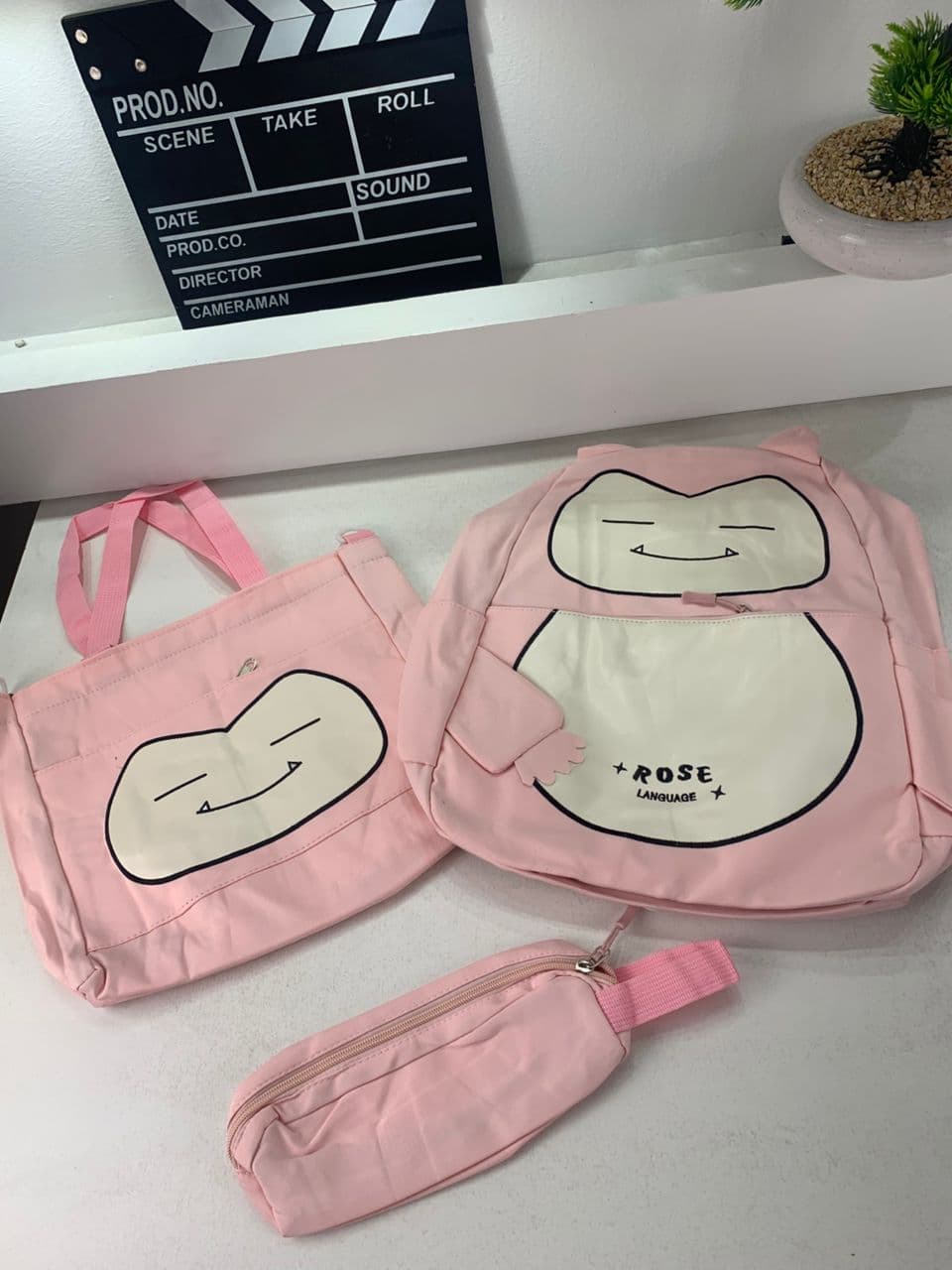 Ensemble de Sacs Snorlax 3Pcs Design Kawaii Rose- حقيبة مدرسية 3 قطع لون وردي
