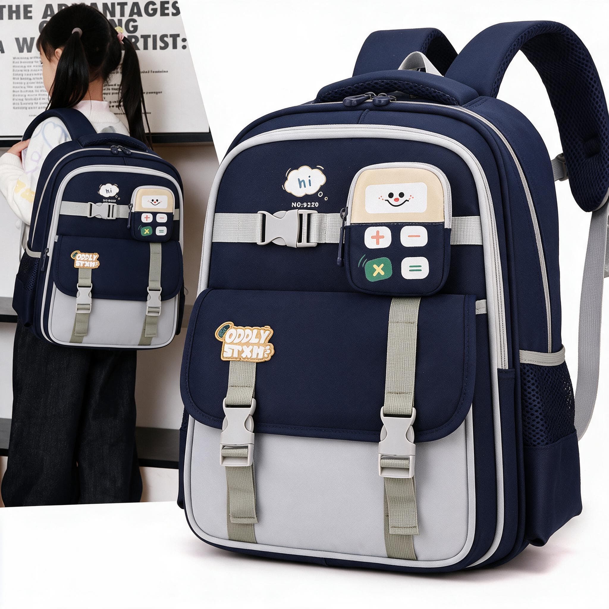 Sac à Dos Scolaire Enfant avec Trousse Motif Calculatrice Tissu Imperméable Bleu Nuit SACKDS34BLN - حقيبة ظهر مدرسية للأطفال