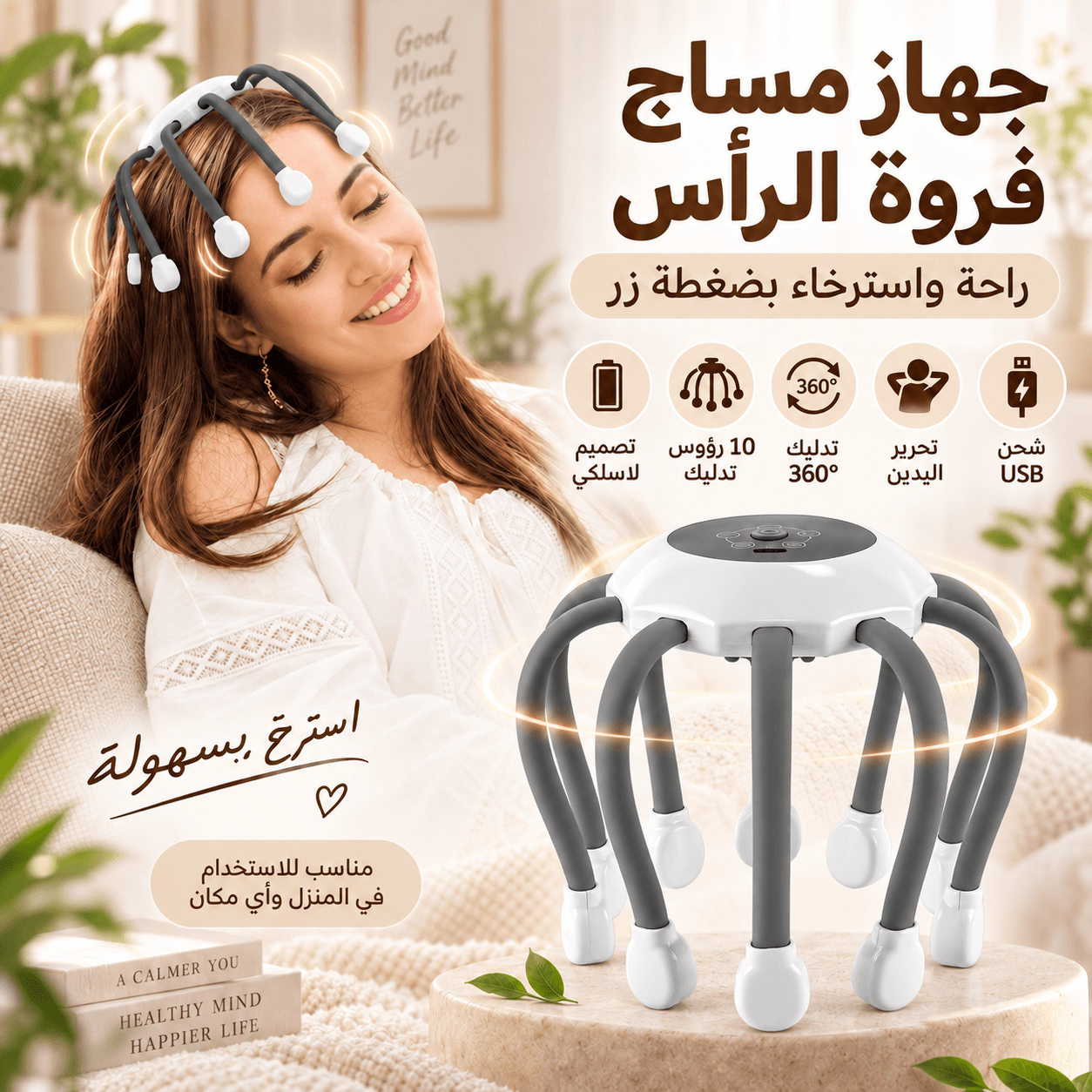 Masseur de Cuir Chevelu Sans Fil 10 Points de Vibration Multi-Fréquences Rechargeable USB - جهاز تدليك الرأس والفروة اللاسلكي بالاهتزاز